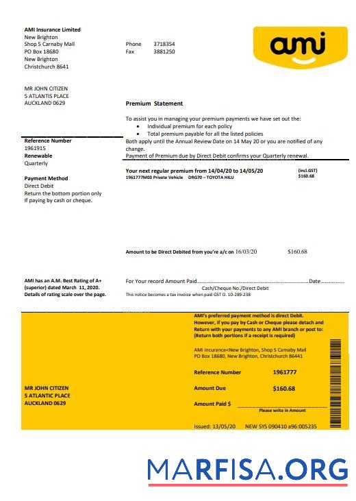 Printable New Zealand Ami Insurance Limited bank statement word real example
